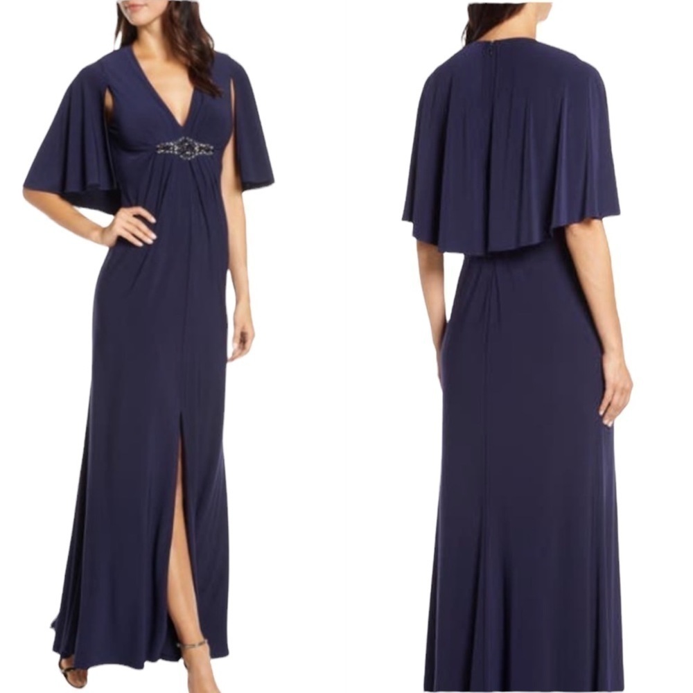 NWT Eliza J Navy Blue Embellished Cape Maxi Gown